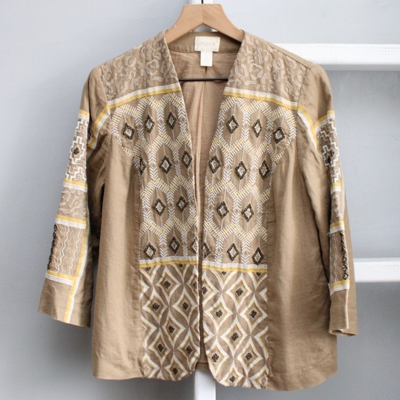 Chico's Embroidered Tan Beaded Embroidered Linen 3/4 Sleeve BlazerJacket Medium - Picture 2 of 9